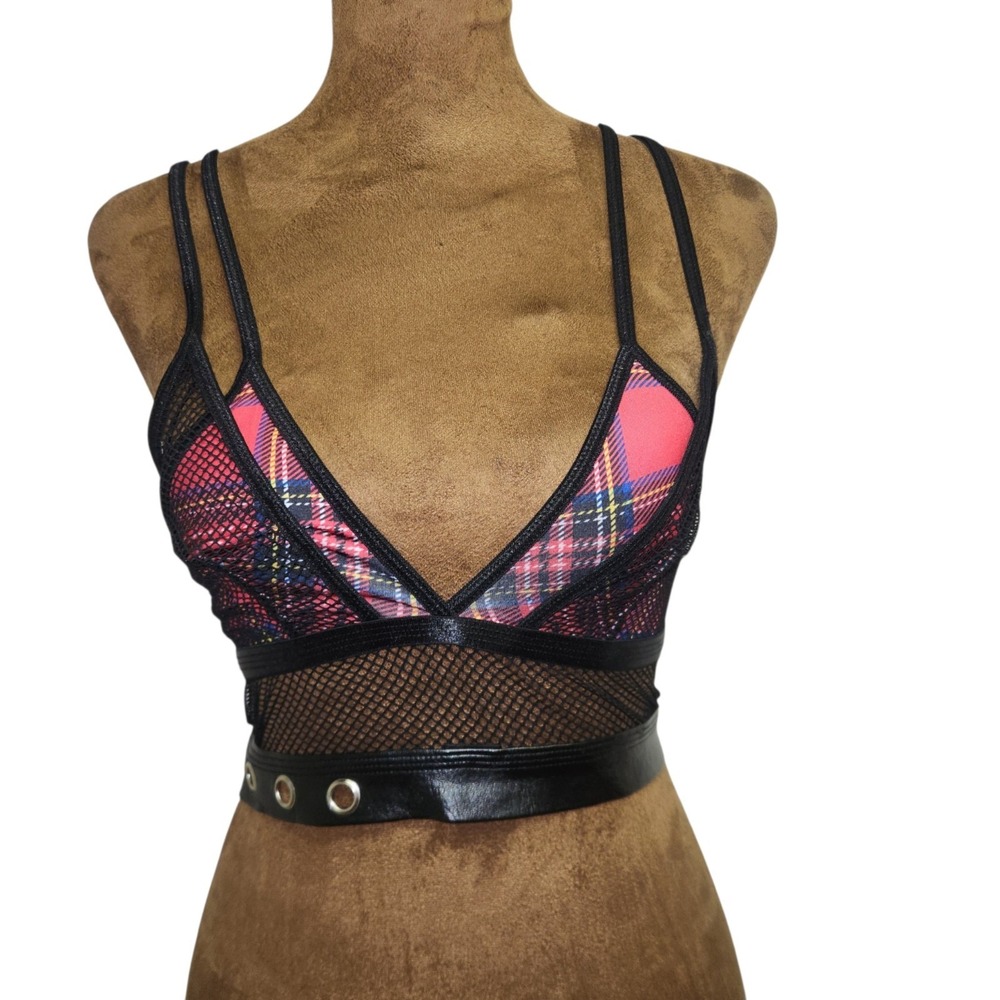 Body Rage Hot Topic Bra Plaid Mesh Layered Faux Leather Women's Size S Red Black